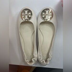 Tory Burch White Flats with Gold Logo